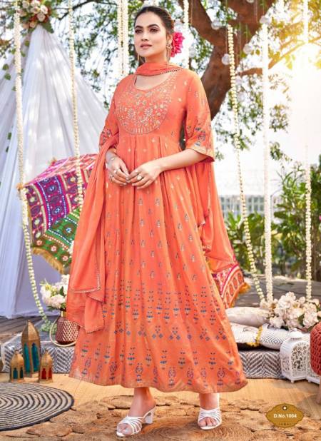 Peach Colour Dastoor Wanna New Latest Designer Festive Wear Rayon Gown With Dupatta Collection 1004